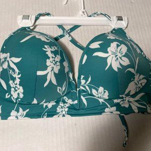 Shade & Shore Bikini   TOP ONLY    Teal & Floral Print Top 34C  NWT